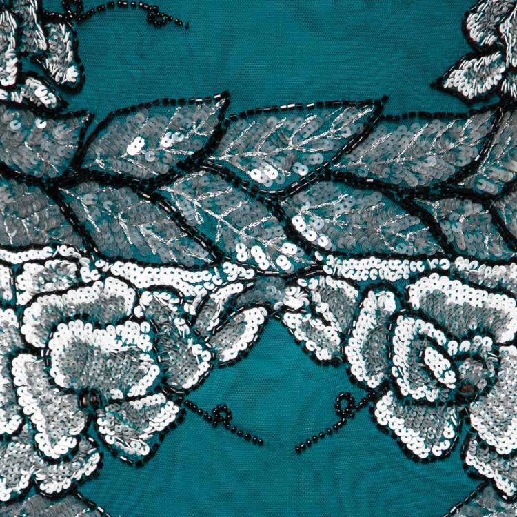 Pre Owned Badgley Mischka Collection Teal Green Floral Sequin Embellished Sleeveless Cocktail Dress XS