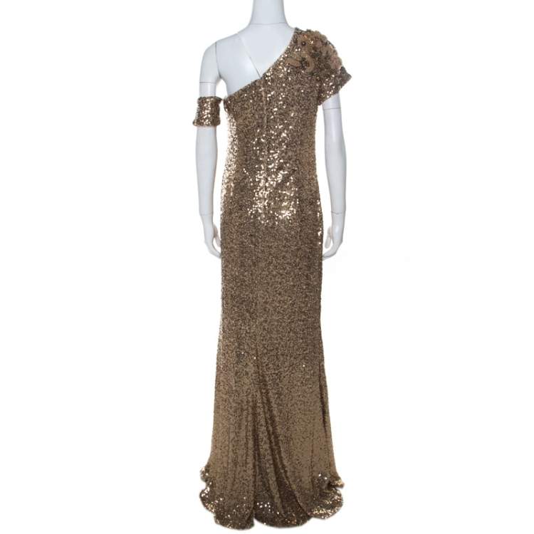 Pre Owned Badgley Mischka Gold Sequin Embellished Detail One Shoulder Gown XL