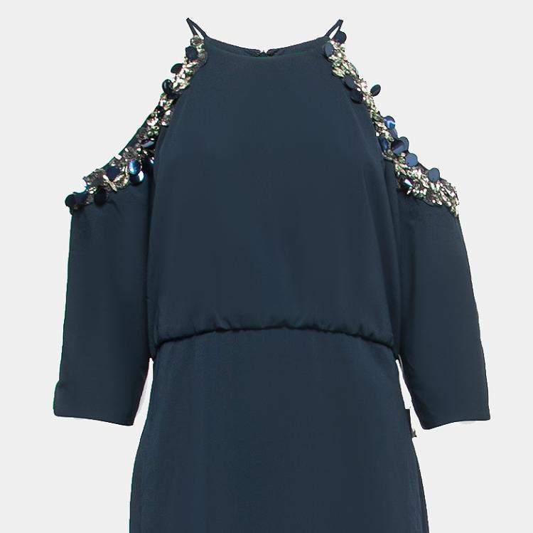 Pre Owned Badgley Mischka Navy Blue Crepe Embellished Gown XL