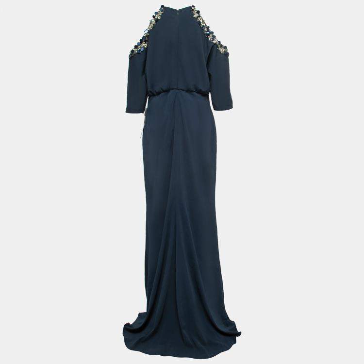 Pre Owned Badgley Mischka Navy Blue Crepe Embellished Gown XL