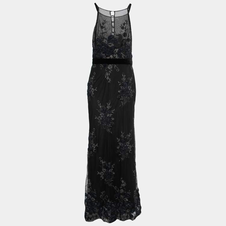 Pre Owned Badgley Mischka Black Embroidered Tulle Halter Neck Gown L