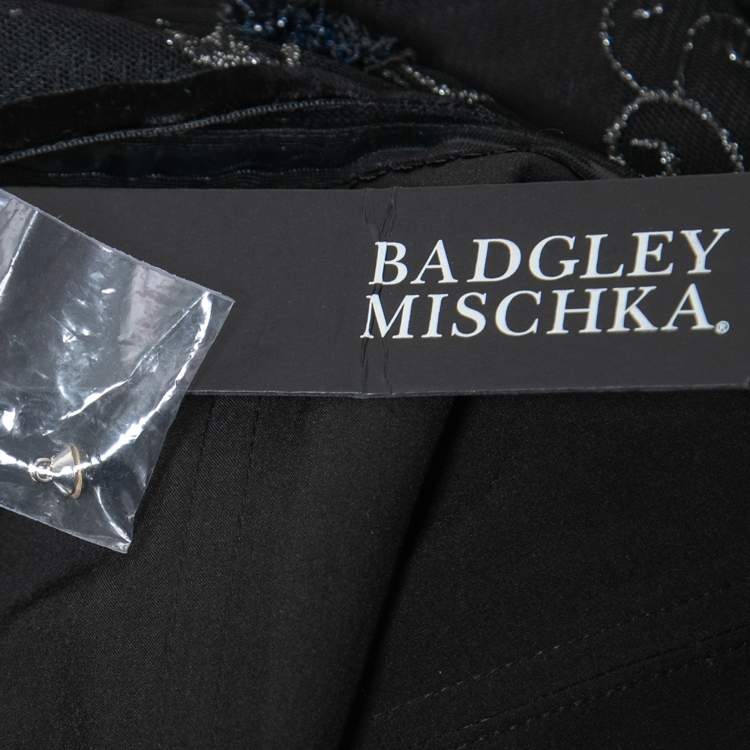Pre Owned Badgley Mischka Black Embroidered Tulle Halter Neck Gown L