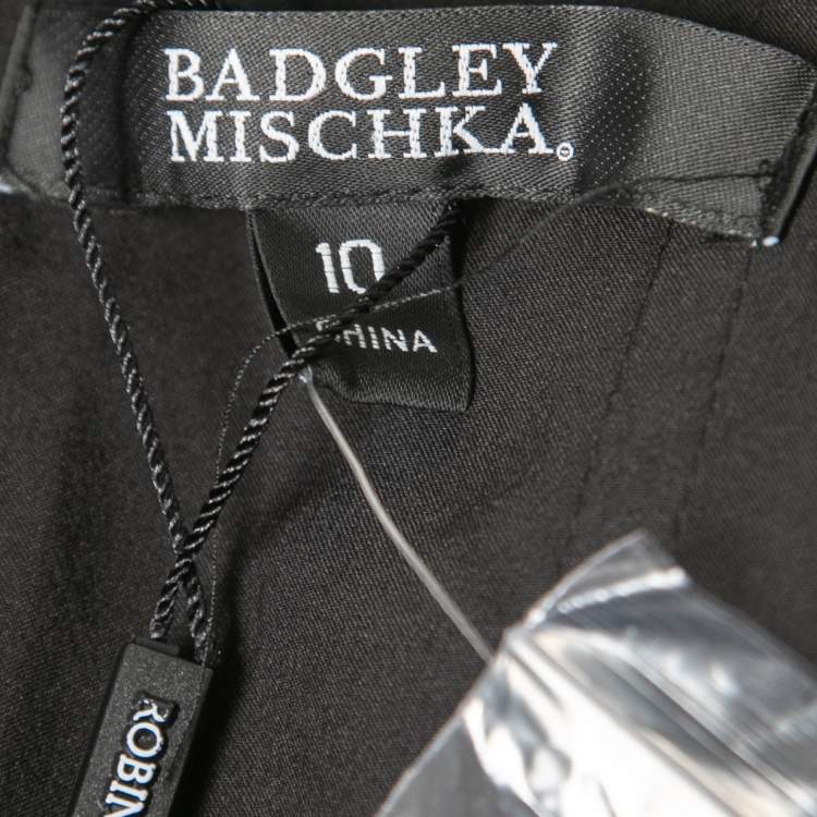 Pre Owned Badgley Mischka Black Embroidered Tulle Halter Neck Gown L