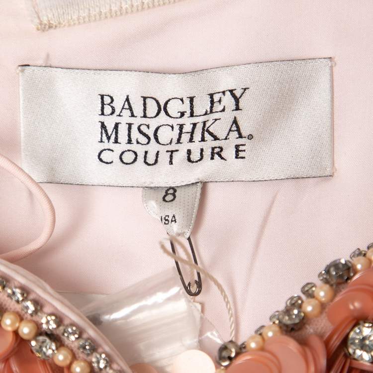 Pre Owned Badgley Mischka Couture Pink Crepe Embellished Gown M