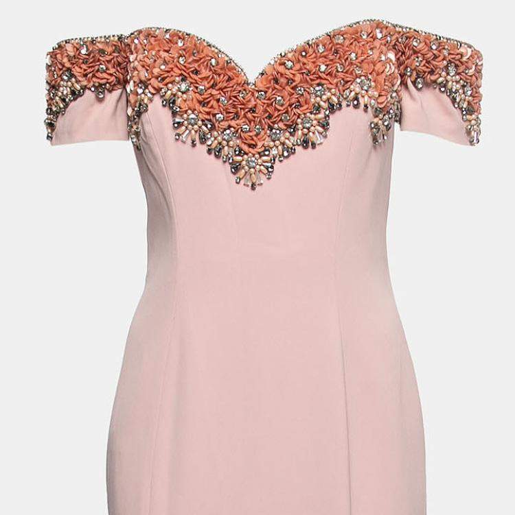 Pre Owned Badgley Mischka Couture Pink Crepe Embellished Gown M