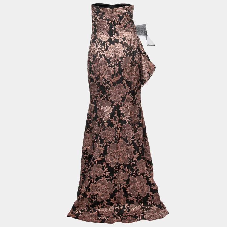 Pre Owned Badgley Mischka Couture Metallic Floral Jacquard Embellished Strapless Gown L