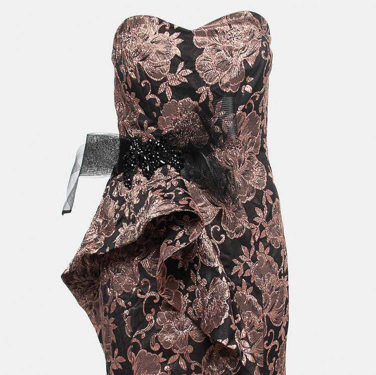 Pre Owned Badgley Mischka Couture Metallic Floral Jacquard Embellished Strapless Gown L