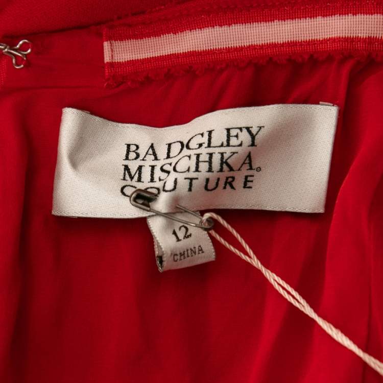 Pre Owned Badgley Mischka Couture Red Crepe Off Shoulder Embellished Long Gown L