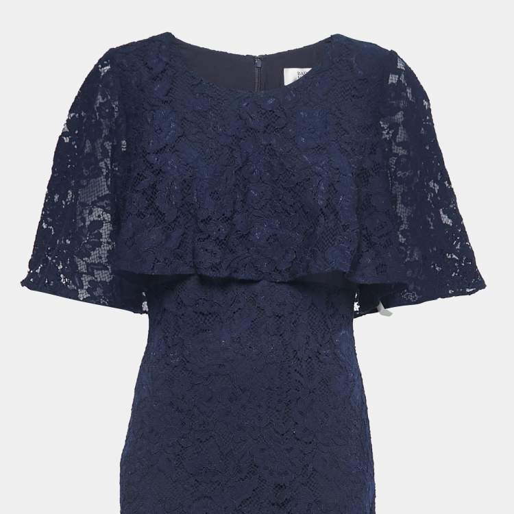 Pre Owned Badgley Mischka Navy Blue Lace Cape Gown S