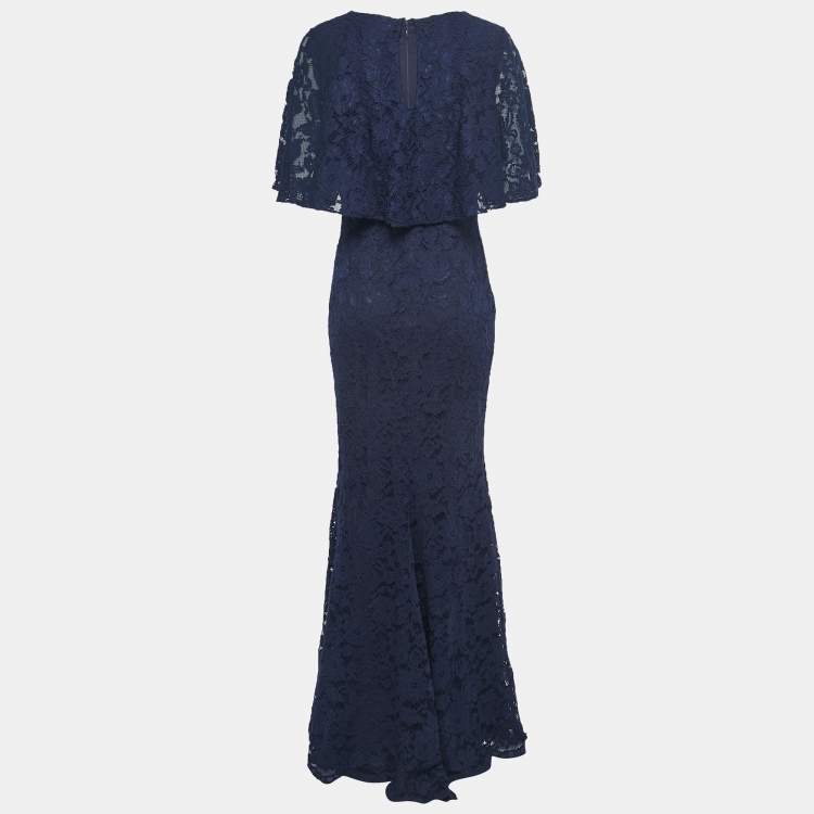 Pre Owned Badgley Mischka Navy Blue Lace Cape Gown S
