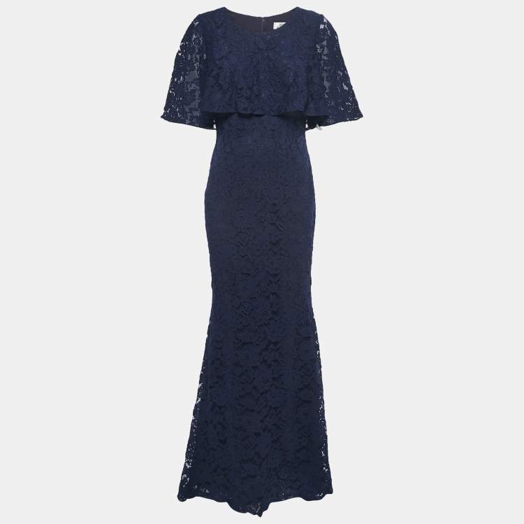 Pre Owned Badgley Mischka Navy Blue Lace Cape Gown S