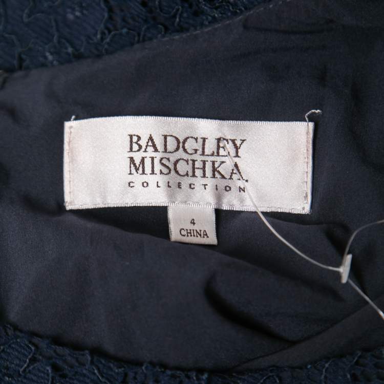 Pre Owned Badgley Mischka Navy Blue Lace Cape Gown S