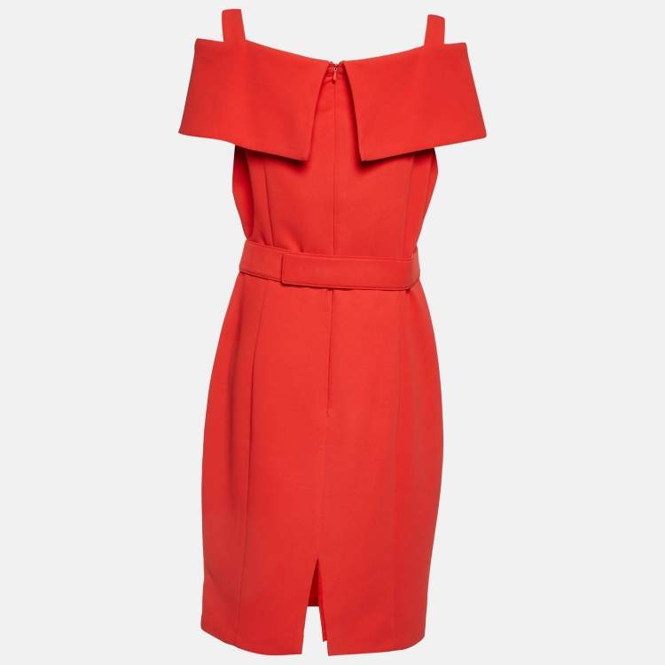 Pre Owned Badgley Mischka Brick Red Crepe Belted Short Dress L