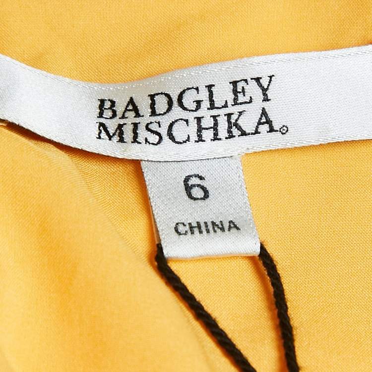 Pre Owned Badgley Mischka Yellow Crepe Puff Sleeve Marigold Gown M