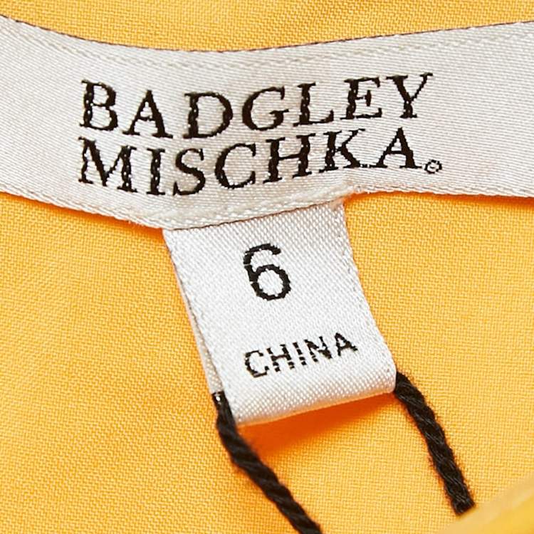 Pre Owned Badgley Mischka Yellow Crepe Puff Sleeve Marigold Gown M