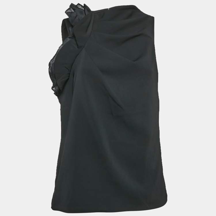 Pre Owned Badgley Mischka Black Crepe Ruffled Sleeveless Top L
