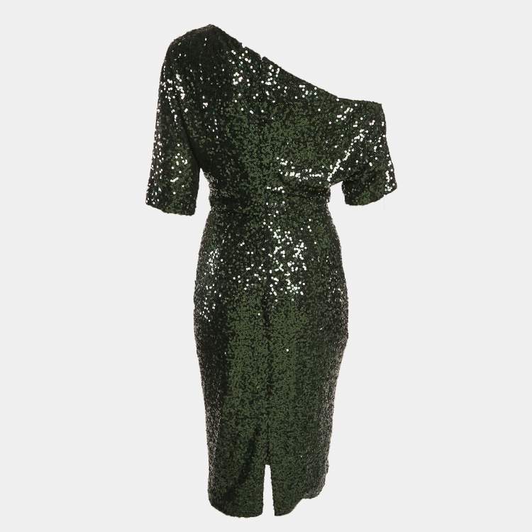 Pre Owned Badgley Mischka Green Sequin One-Shoulder Short Dress M