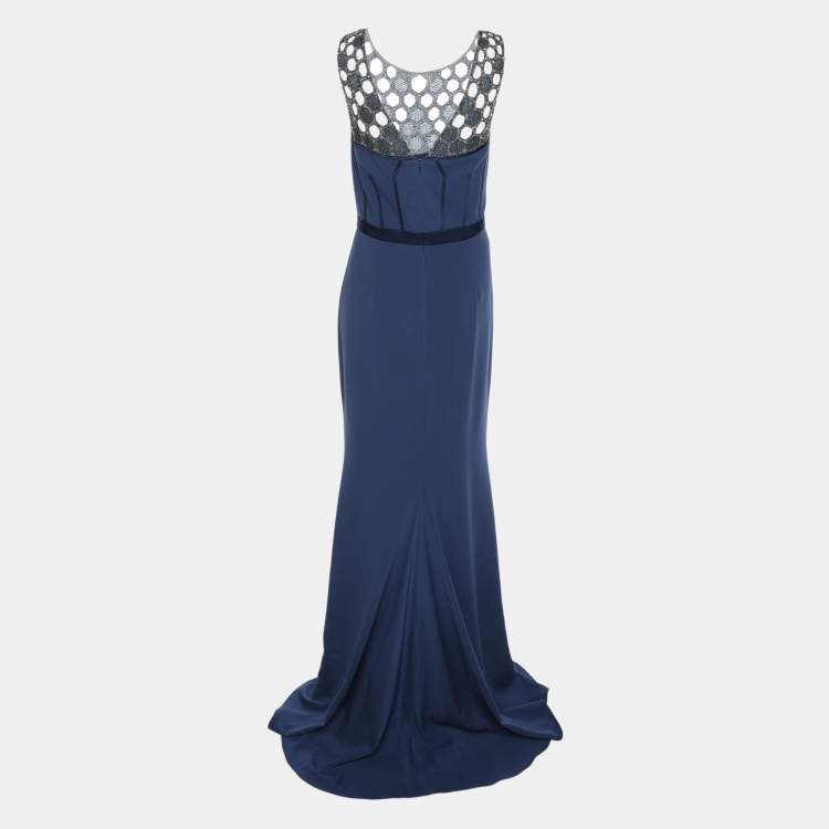 Pre Owned Badgley Mischka Blue Silk Stretch Embellished Gown Dress L