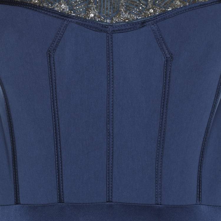 Pre Owned Badgley Mischka Blue Silk Stretch Embellished Gown Dress L