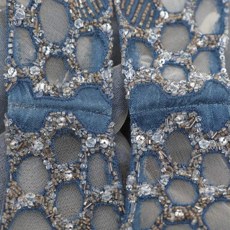 Pre Owned Badgley Mischka Blue Silk Stretch Embellished Gown Dress L