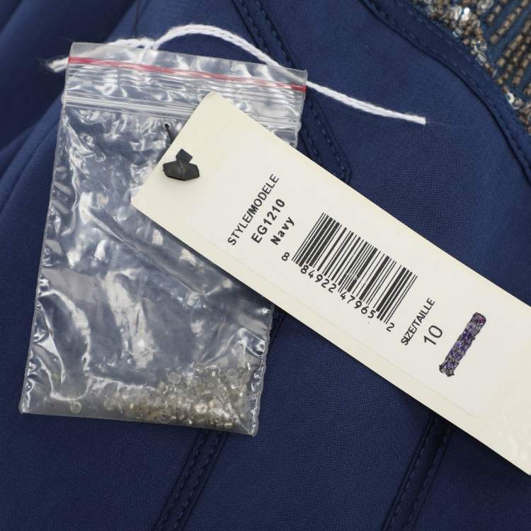 Pre Owned Badgley Mischka Blue Silk Stretch Embellished Gown Dress L
