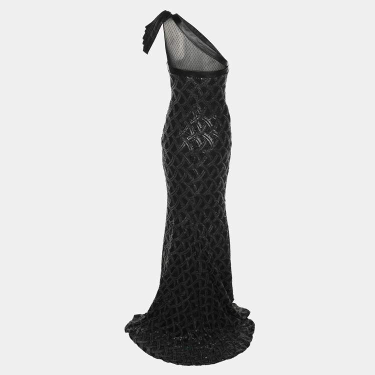 Pre Owned Badgley Mischka Black/Grey Sequin Tulle One Shoulder Dress S