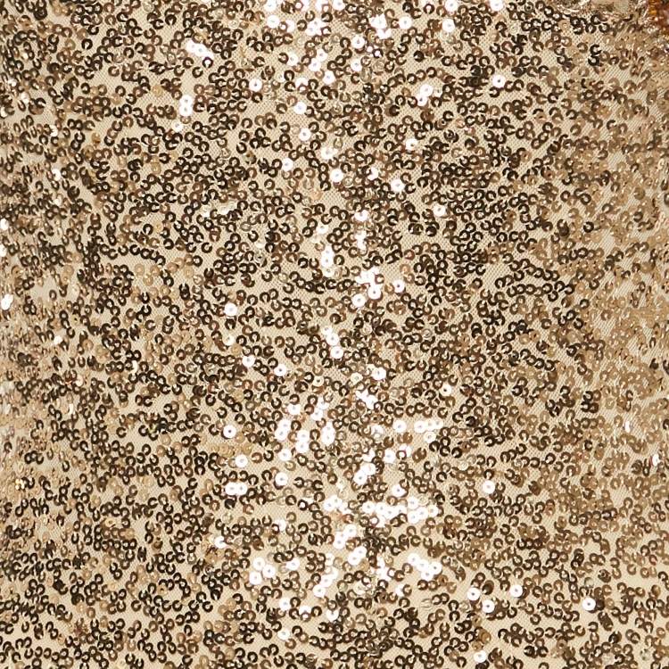 Pre Owned Badgley Mischka Gold Sequins Nylon Asymmetrical Neck Long Dress XS 