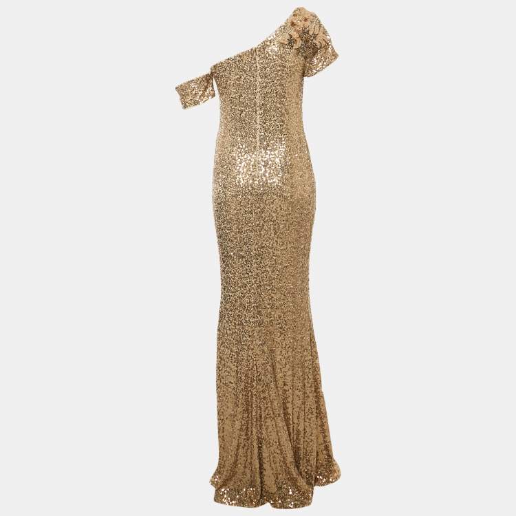 Pre Owned Badgley Mischka Gold Sequins Nylon Asymmetrical Neck Long Dress XS 