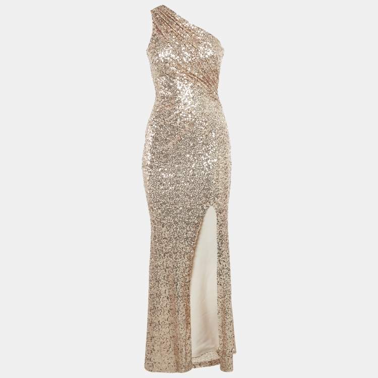 Pre Owned Badgley Mischka Blush Sequin One Shoulder Gown XS 