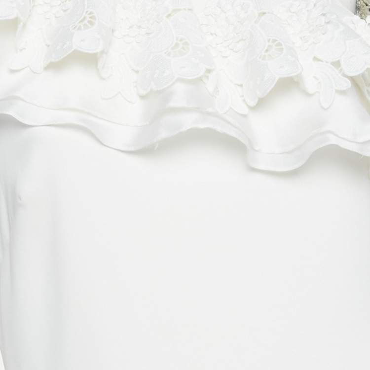 Pre Owned Badgley Mischka White Crepe Ruffle Lace Detail One Shoulder Gown M