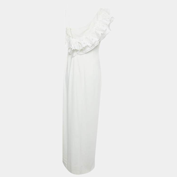 Pre Owned Badgley Mischka White Crepe Ruffle Lace Detail One Shoulder Gown M