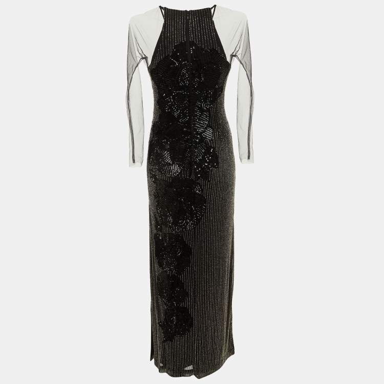 Pre Owned Badgley Mischka Black Embellished Mesh Gown L