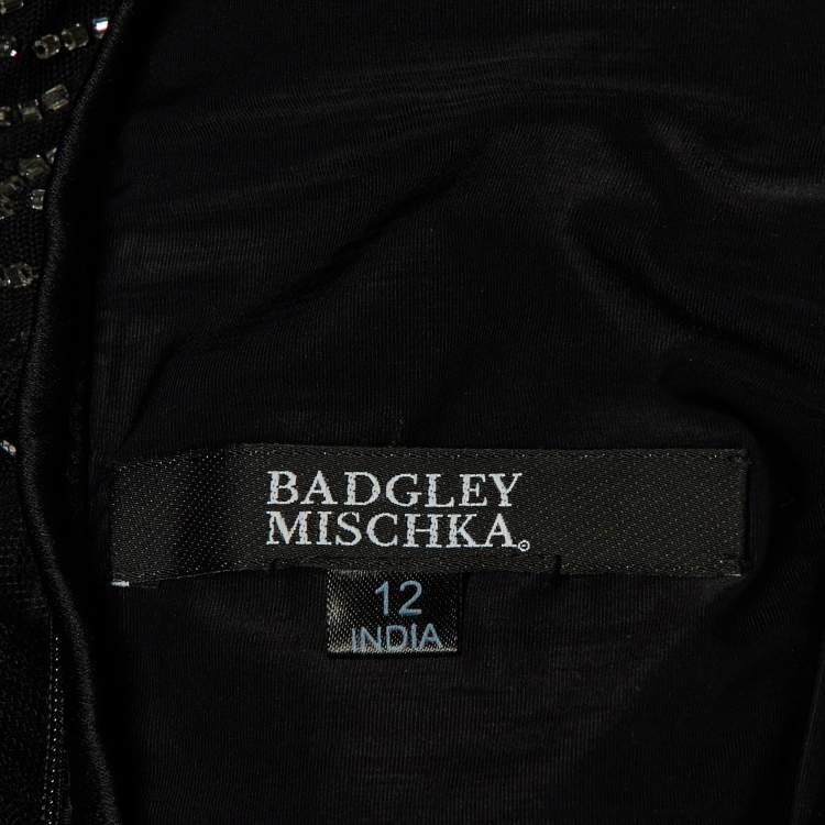 Pre Owned Badgley Mischka Black Embellished Mesh Gown L