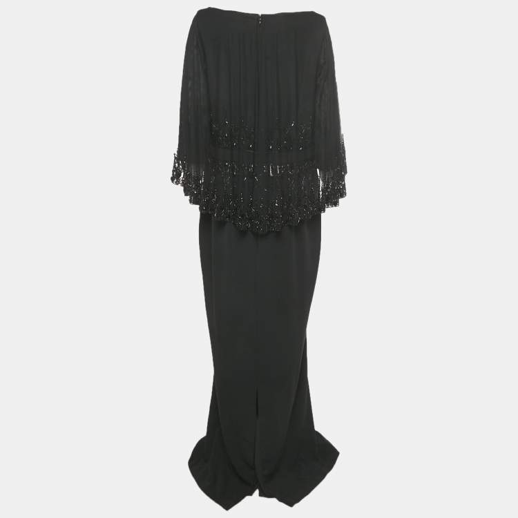 Pre Owned Badgley Mischka Black Embellished Overlay Crepe Gown XL