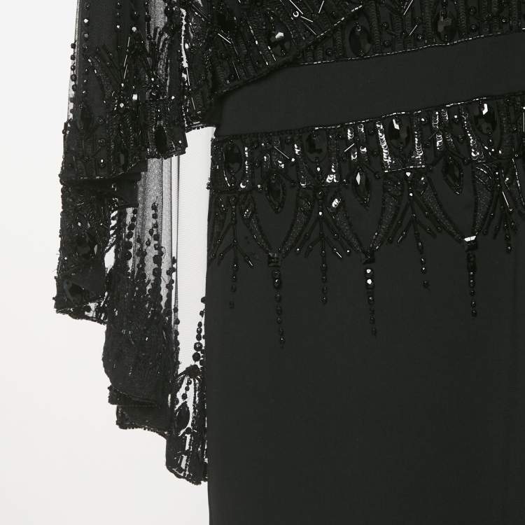 Pre Owned Badgley Mischka Black Embellished Overlay Crepe Gown XL