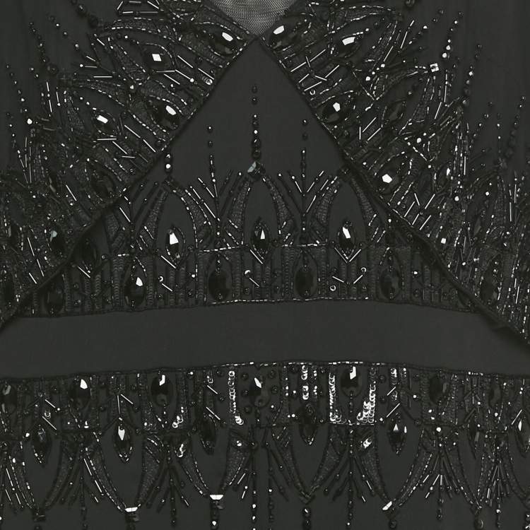 Pre Owned Badgley Mischka Black Embellished Overlay Crepe Gown XL