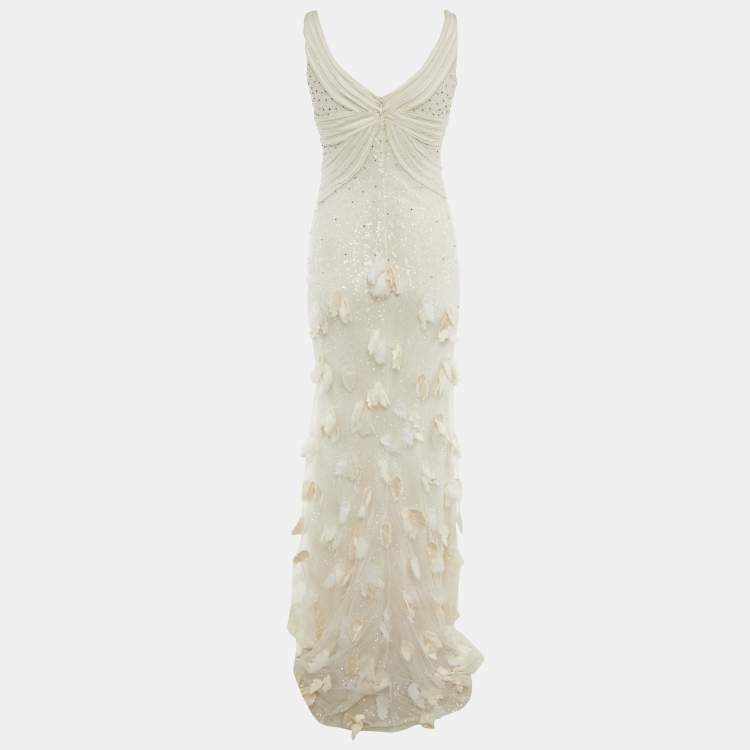Pre Owned Badgley Mischka White Sequin Undelay Tulle Applique Gown M