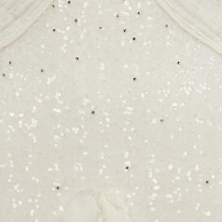 Pre Owned Badgley Mischka White Sequin Undelay Tulle Applique Gown M