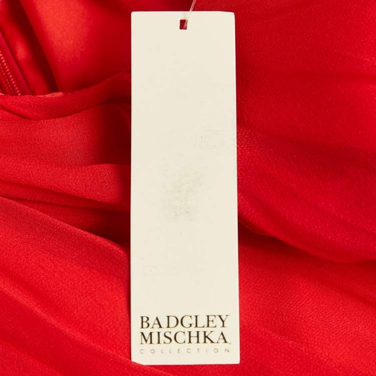 Pre Owned Badgley Mischka Red Silk Pleated Sleeveless Gown L