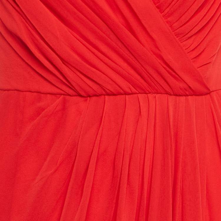 Pre Owned Badgley Mischka Red Silk Pleated Sleeveless Gown L