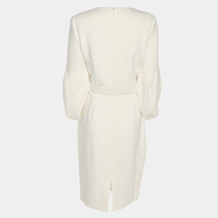 Pre Owned Badgley Mischka White Stretch Crepe Belted Dress S
