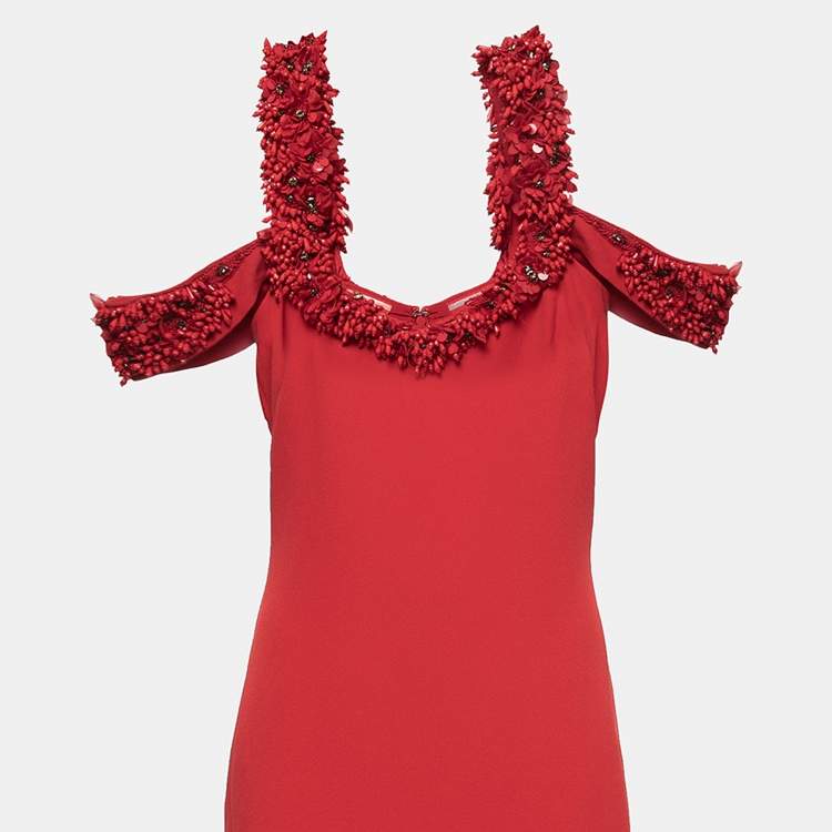 Pre Owned Badgley Mischka Couture Red Crepe Off Shoulder Embellished Long Gown L