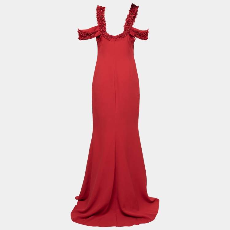 Pre Owned Badgley Mischka Couture Red Crepe Off Shoulder Embellished Long Gown L