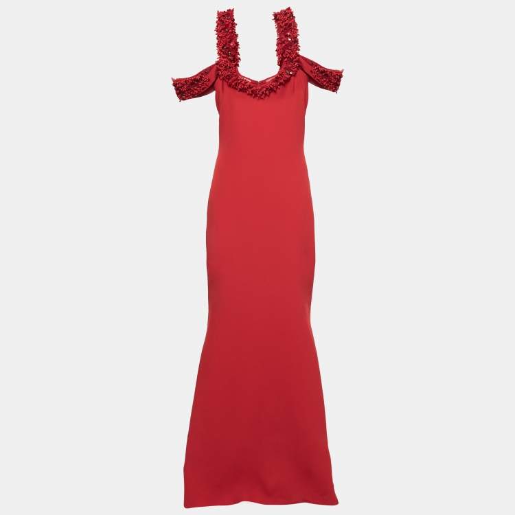 Pre Owned Badgley Mischka Couture Red Crepe Off Shoulder Embellished Long Gown L