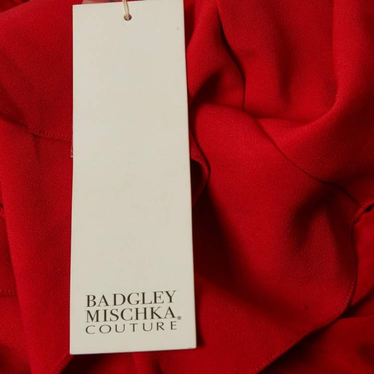 Pre Owned Badgley Mischka Couture Red Crepe Off Shoulder Embellished Long Gown L