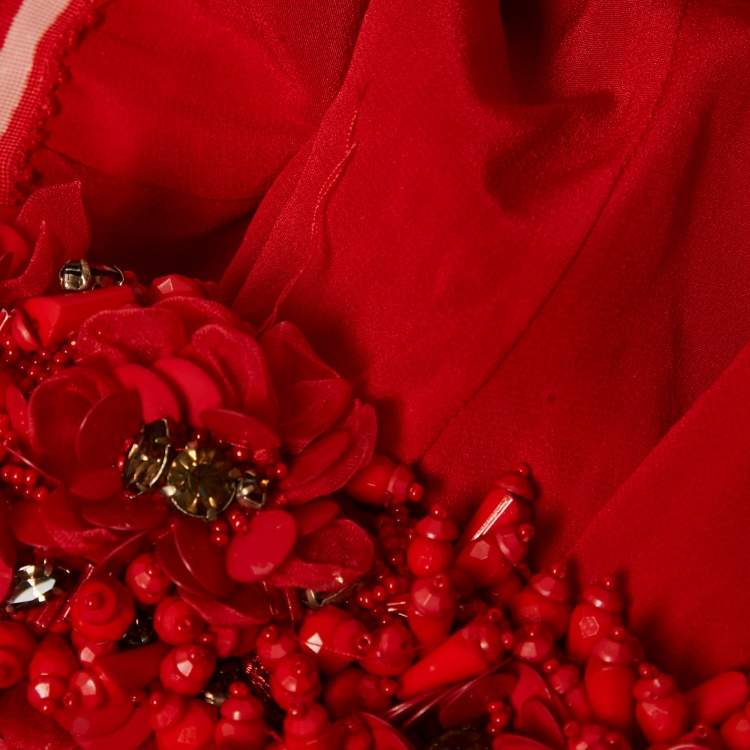 Pre Owned Badgley Mischka Couture Red Crepe Off Shoulder Embellished Long Gown L