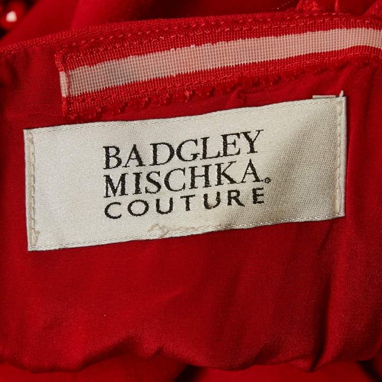 Pre Owned Badgley Mischka Couture Red Crepe Off Shoulder Embellished Long Gown L