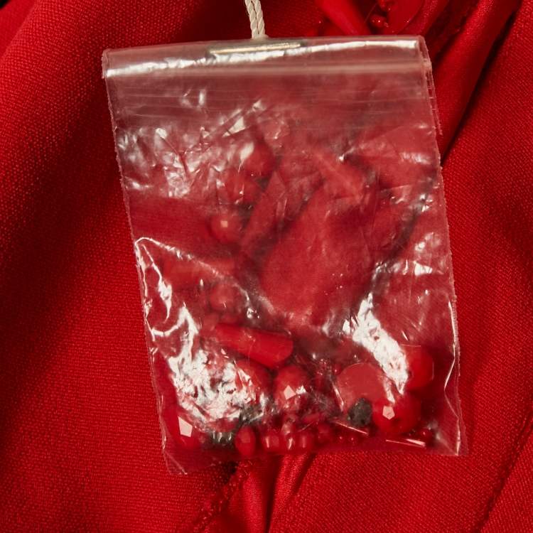 Pre Owned Badgley Mischka Couture Red Crepe Off Shoulder Embellished Long Gown L