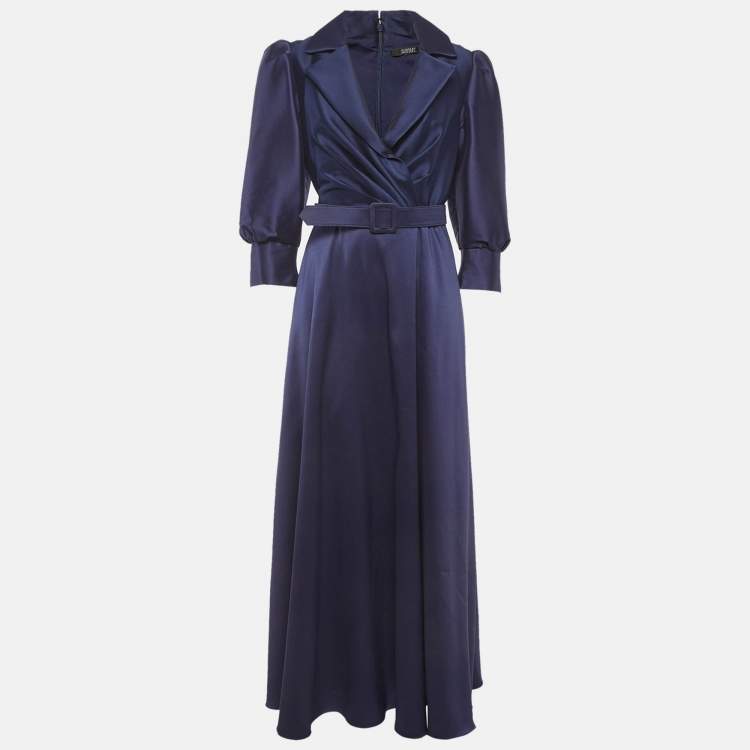 Pre Owned Badgley Mischka Navy Blue Twill Belted Collared Gown M