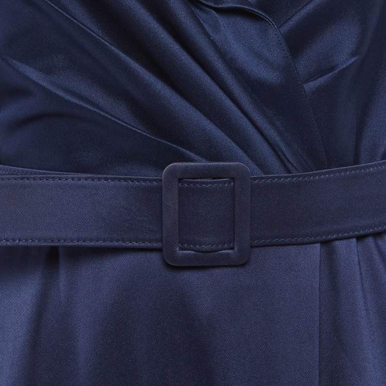 Pre Owned Badgley Mischka Navy Blue Twill Belted Collared Gown M